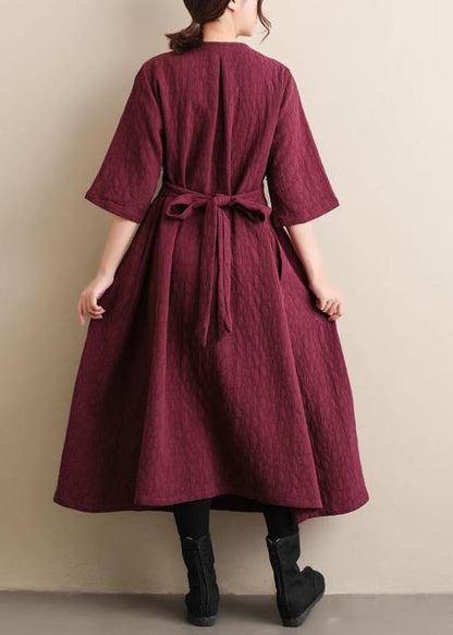 Natural V Neck Cinched Spring Quilting Clothes Pattern Burgundy Maxi Dress