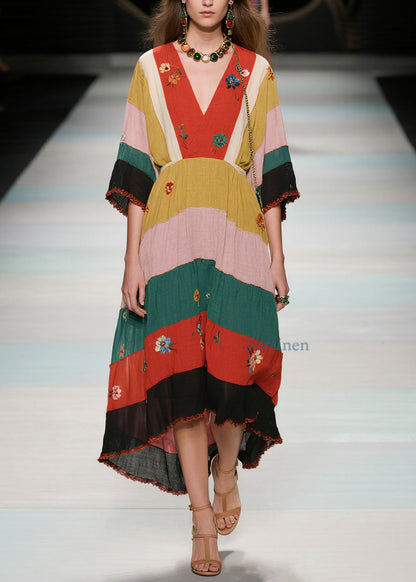Natural V Neck Patchwork Cotton Long Dress Summer