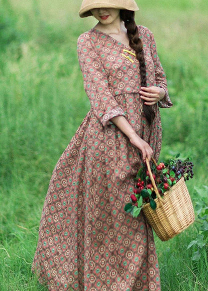 Natural V Neck Pockets Summer for Shirts Chocolate Print Robe Dress