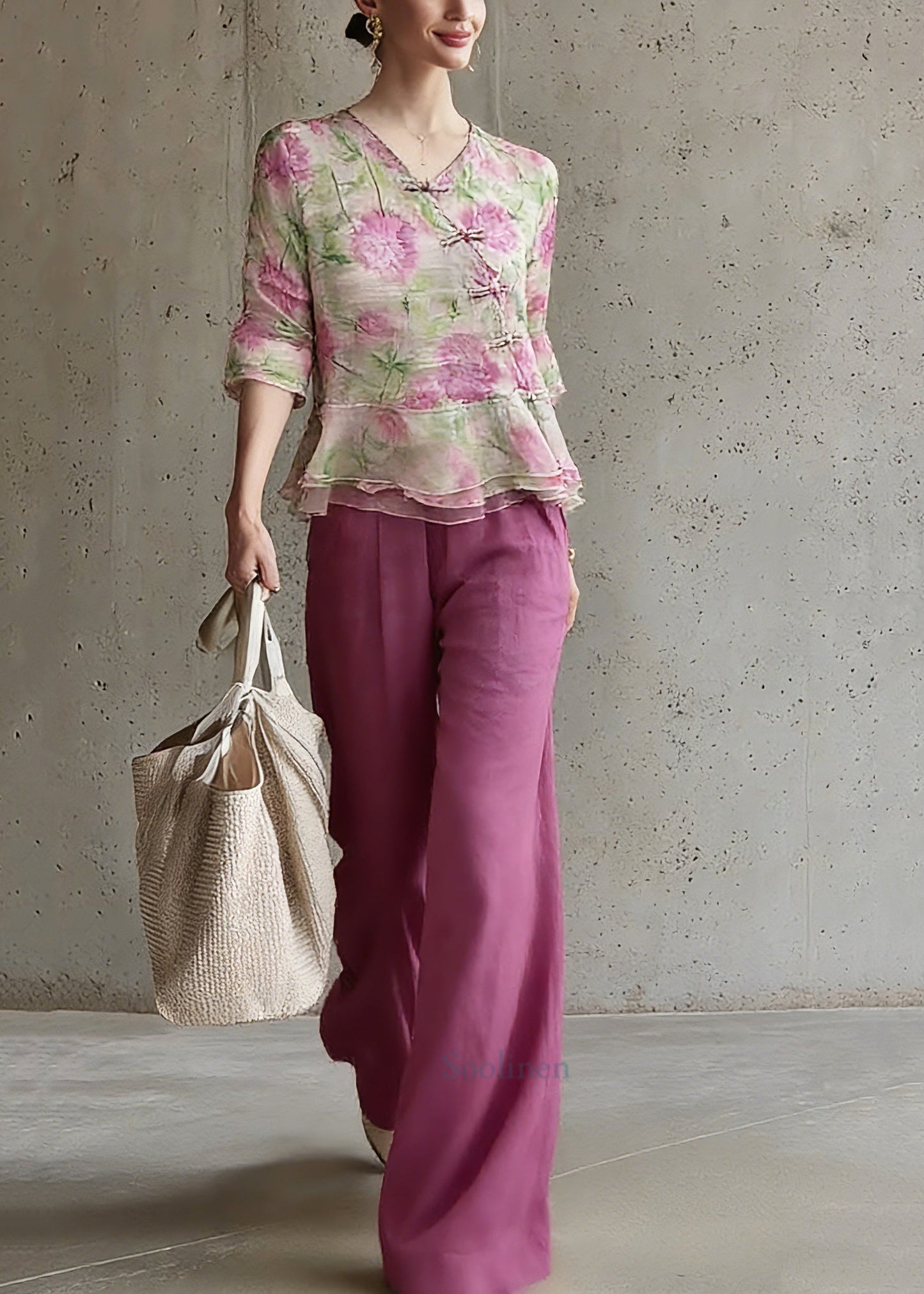 Natural V Neck Print Top and Pants Two Pieces Set Spring