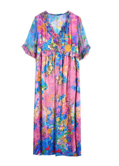 Natural V Neck Ruffled Print Silk Holiday Maxi Dress Short Sleeve