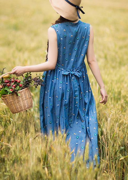 Natural V Neck Sleeveless Summer Clothes Ideas Blue Embroidery Maxi Dresses