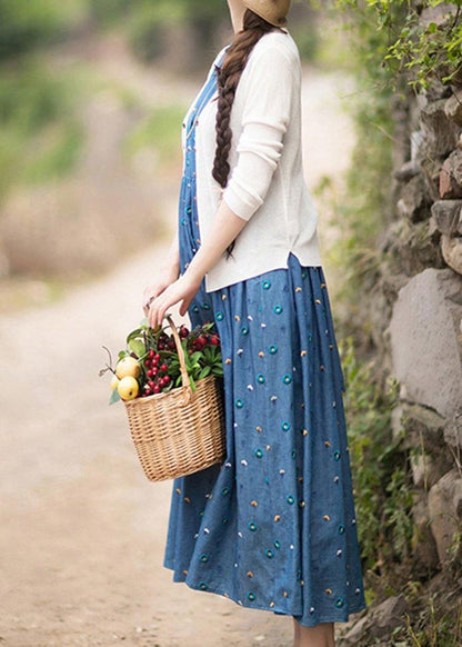 Natural V Neck Sleeveless Summer Clothes Ideas Blue Embroidery Maxi Dresses