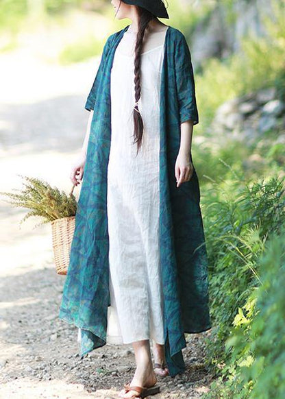 Natural V Neck Spring Quilting Clothes Blue Green Print Long Dresses