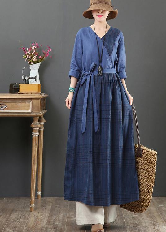 Natural V Neck Tie Waist Spring Dresses Fabrics Blue Plaid Traveling Dress