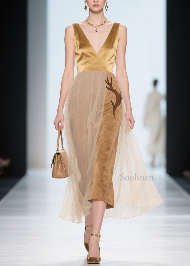 Natural V Neck Tulle Patchwork Silk Velvet Dress Sleeveless