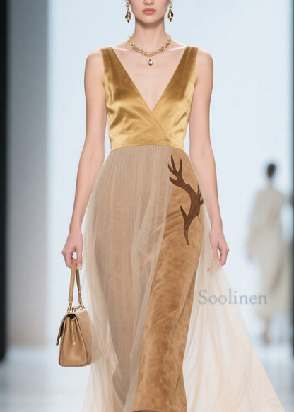 Natural V Neck Tulle Patchwork Silk Velvet Dress Sleeveless