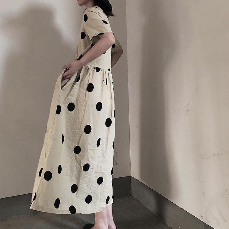 Natural V Neck Wrinkled Spring Tunics Work Outfits Dotted Long Dresses
