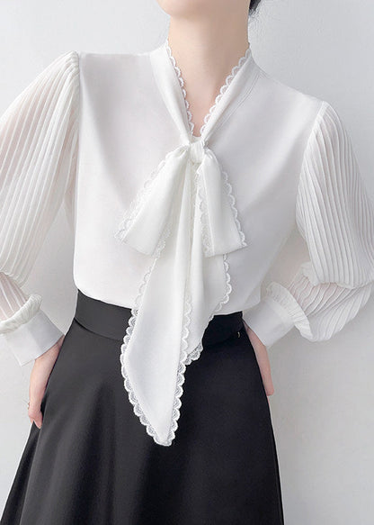 Natural White Bow Wrinkled Chiffon Tops Spring