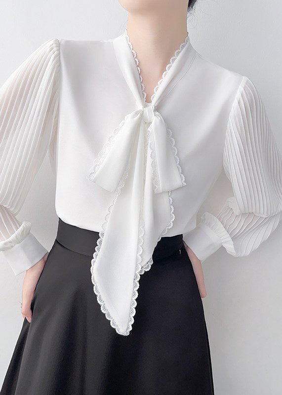 Natural White Bow Wrinkled Chiffon Tops Spring