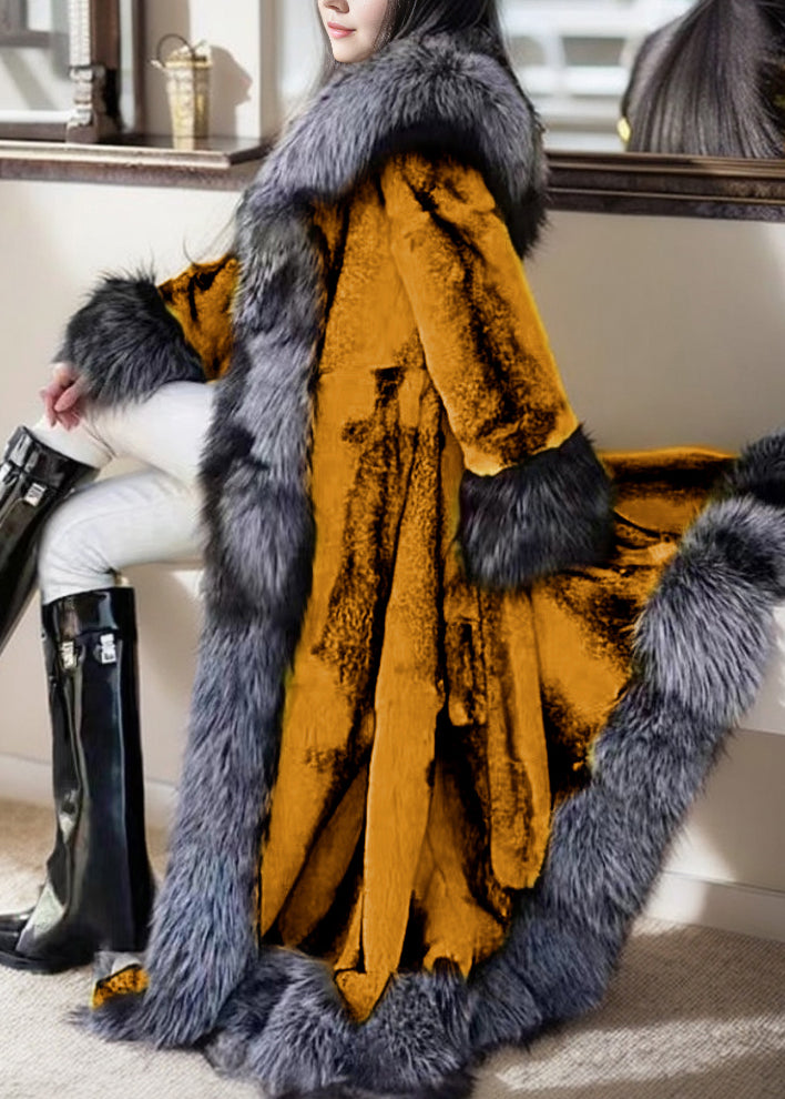 Natural White Fox Collar Tie Waist Leather and Fur Maxi Coats Spring