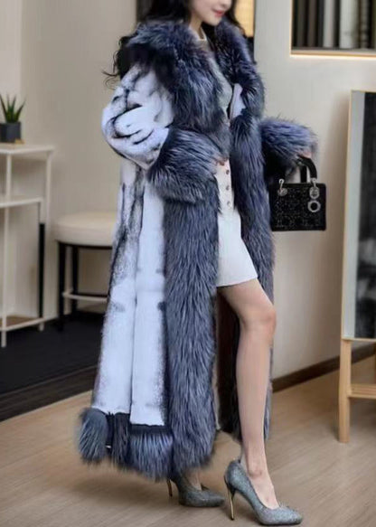 Natural White Fox Collar Tie Waist Leather and Fur Maxi Coats Spring