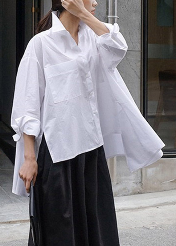 Natural Red Dot Peter Pan Collar Low High Design Button Pockets Cotton Shirts Long Sleeve