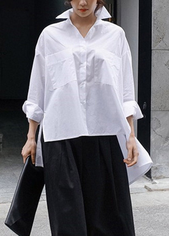 Natural Black Dot Peter Pan Collar Low High Design Button Pockets Cotton Shirts Long Sleeve