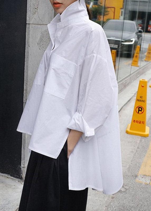 Natural Red Dot Peter Pan Collar Low High Design Button Pockets Cotton Shirts Long Sleeve