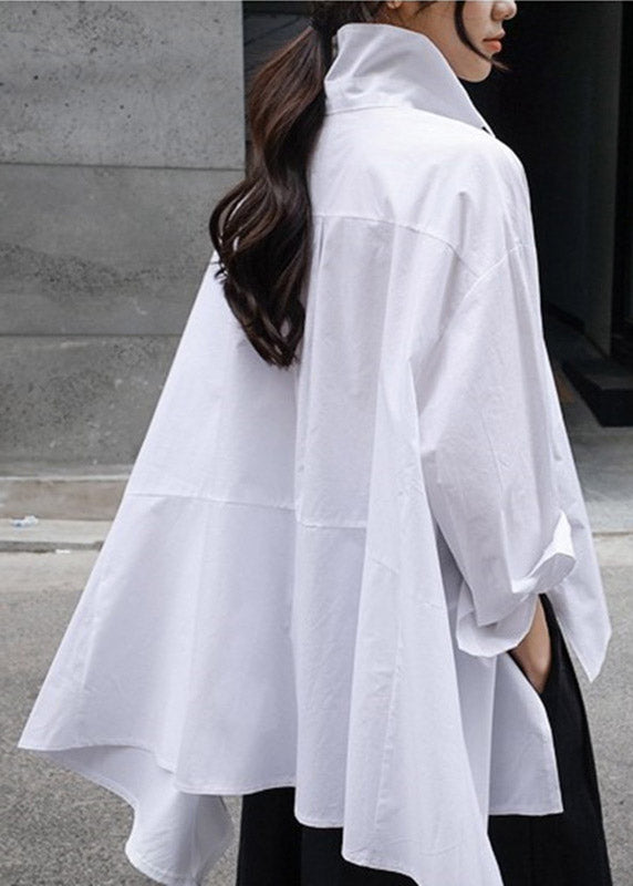 Natural Red Dot Peter Pan Collar Low High Design Button Pockets Cotton Shirts Long Sleeve