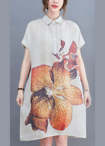 Natural White Peterpan Collar Button Print Summer Short Sleeve Dress