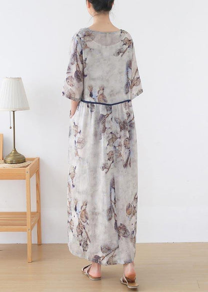 Natural White Print Cinched Summer Linen Dress