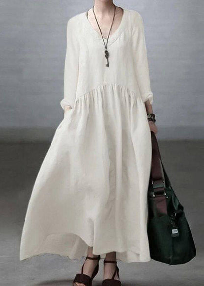Natural White Wrinkled Patchwork Maxi Dress Long Sleeve