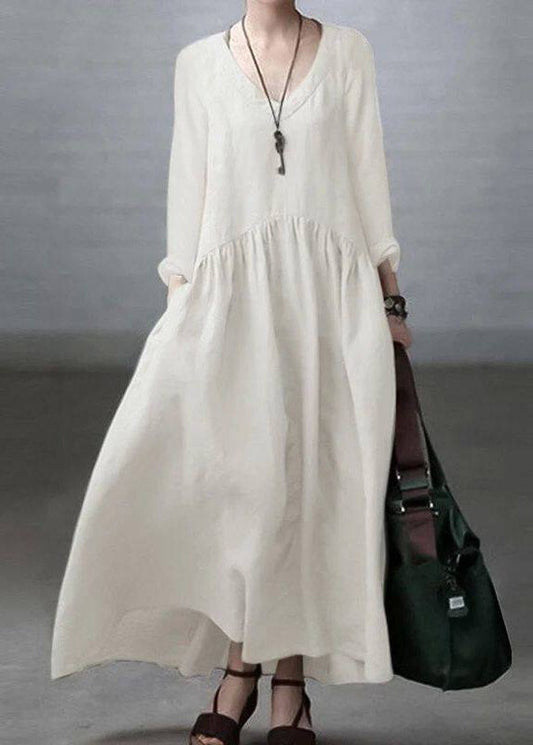 Natural White Wrinkled Patchwork Maxi Dress Long Sleeve