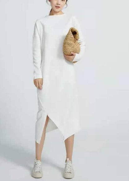 Natural White Cotton Tunics Side Open Maxi Long Sleeve Dresses
