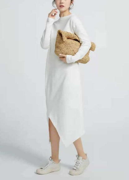 Natural White Cotton Tunics Side Open Maxi Long Sleeve Dresses