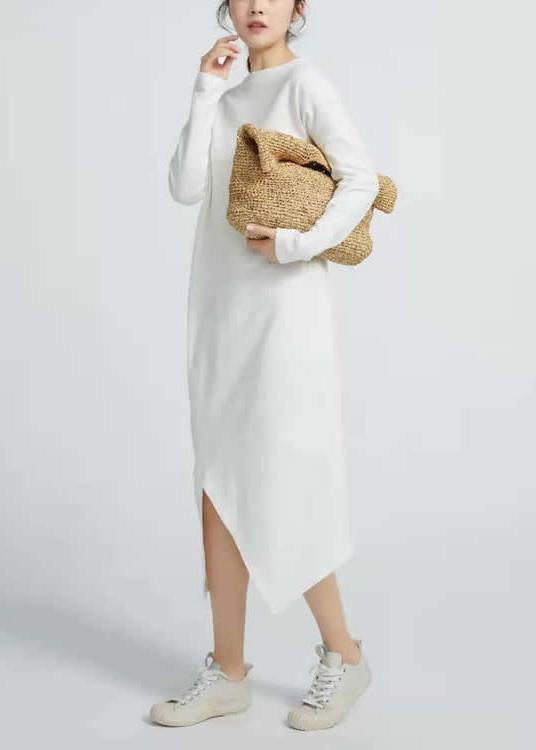 Natural White Cotton Tunics Side Open Maxi Long Sleeve Dresses