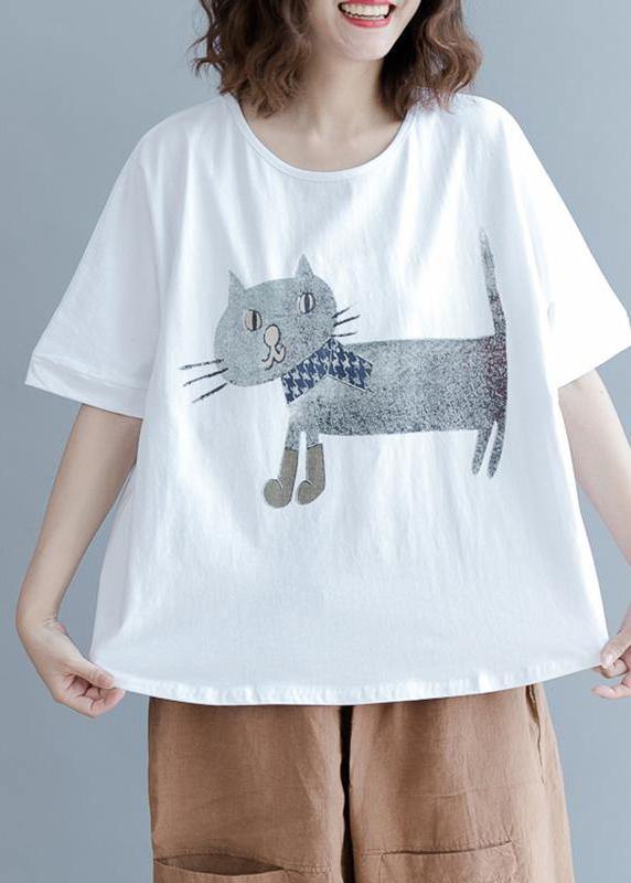 Natural White Cotton Box Top Indian Cotton Short Sleeve Animal Round Neck Blouse