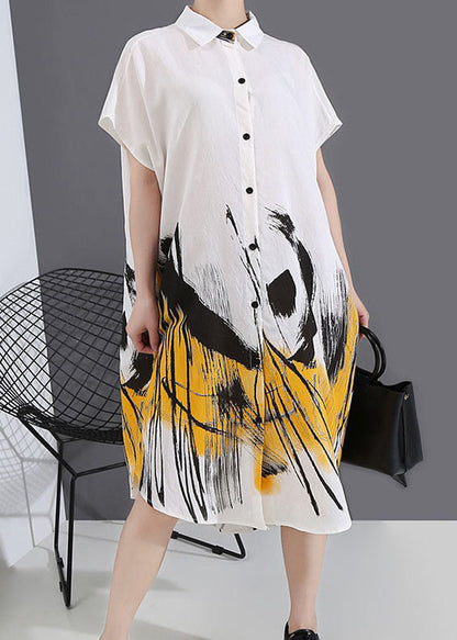 Natural White Low High Design Peter Pan Collar Print Shirt Dress Spring