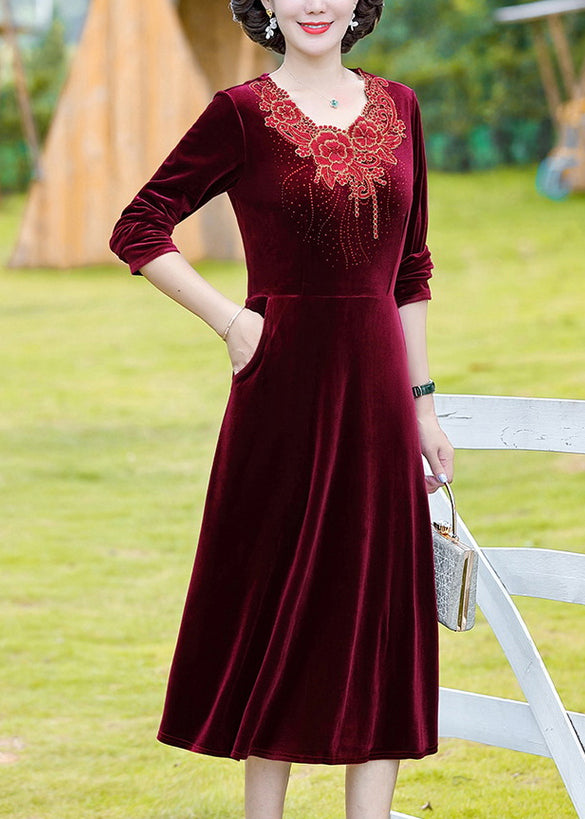 Natural Wine Red O-neck Patchwork Silk Velour Long Dress Fall