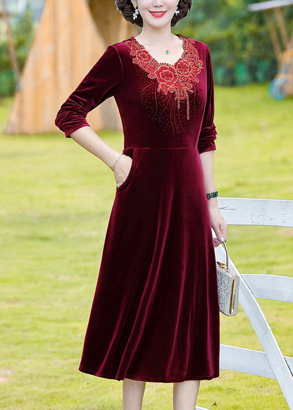 Natural Wine Red O-neck Patchwork Silk Velour Long Dress Fall