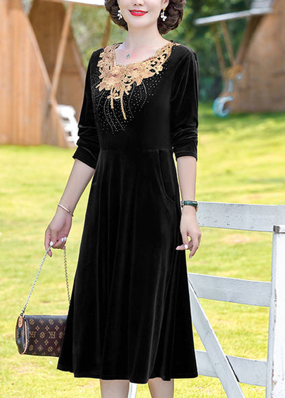 Natural Wine Red O-neck Patchwork Silk Velour Long Dress Fall