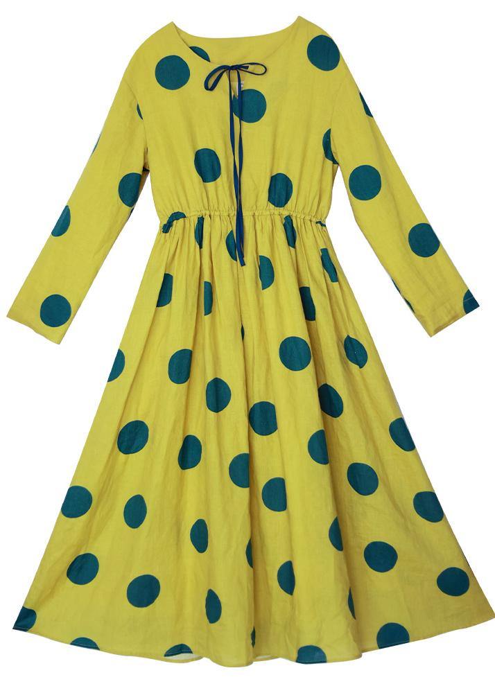 Natural Yellow Dotted Tunic Dress O Neck Pockets Art Dress