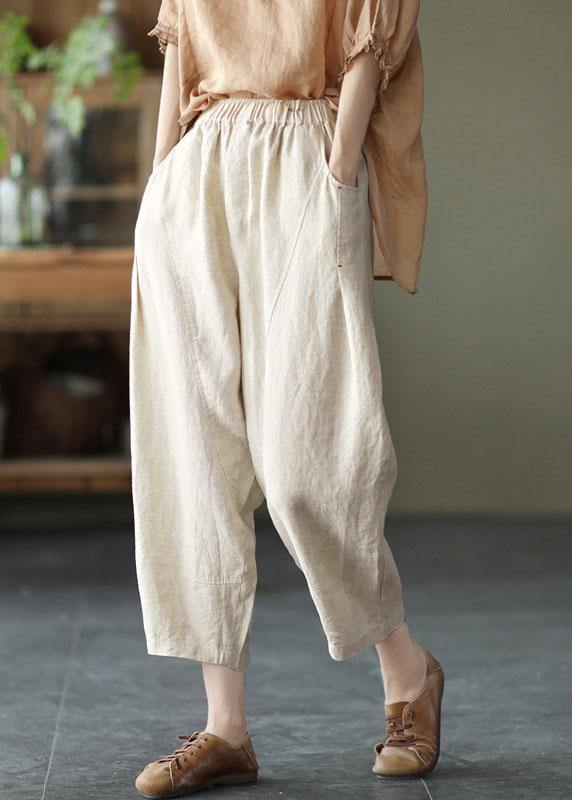 Natural White Polka Dots Elastic Waist Summer Linen Harem Pants
