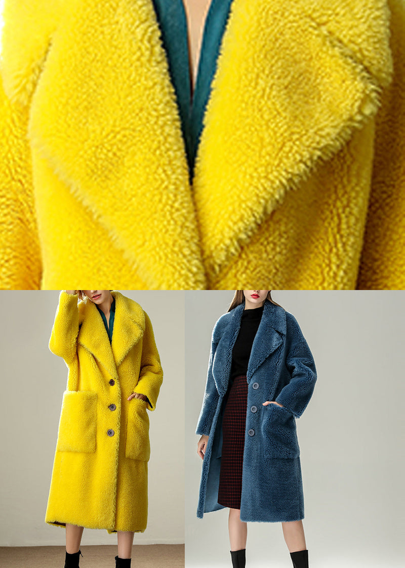 Natural Yellow Notched Pockets Faux Fur Long Coats Winter