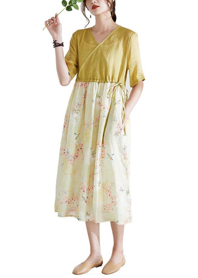 Natural Yellow Patchwork Print Summer Ramie Dresses Half Sleeve