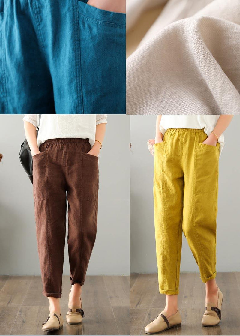 Natural Brown-red Geometry Pockets Cotton Linen Pants Summer