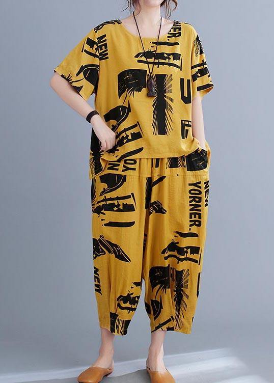 Natural Yellow Print Half Sleeve Summer Two Pieces Set