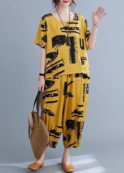 Natural Yellow Print Half Sleeve Summer Two Pieces Set