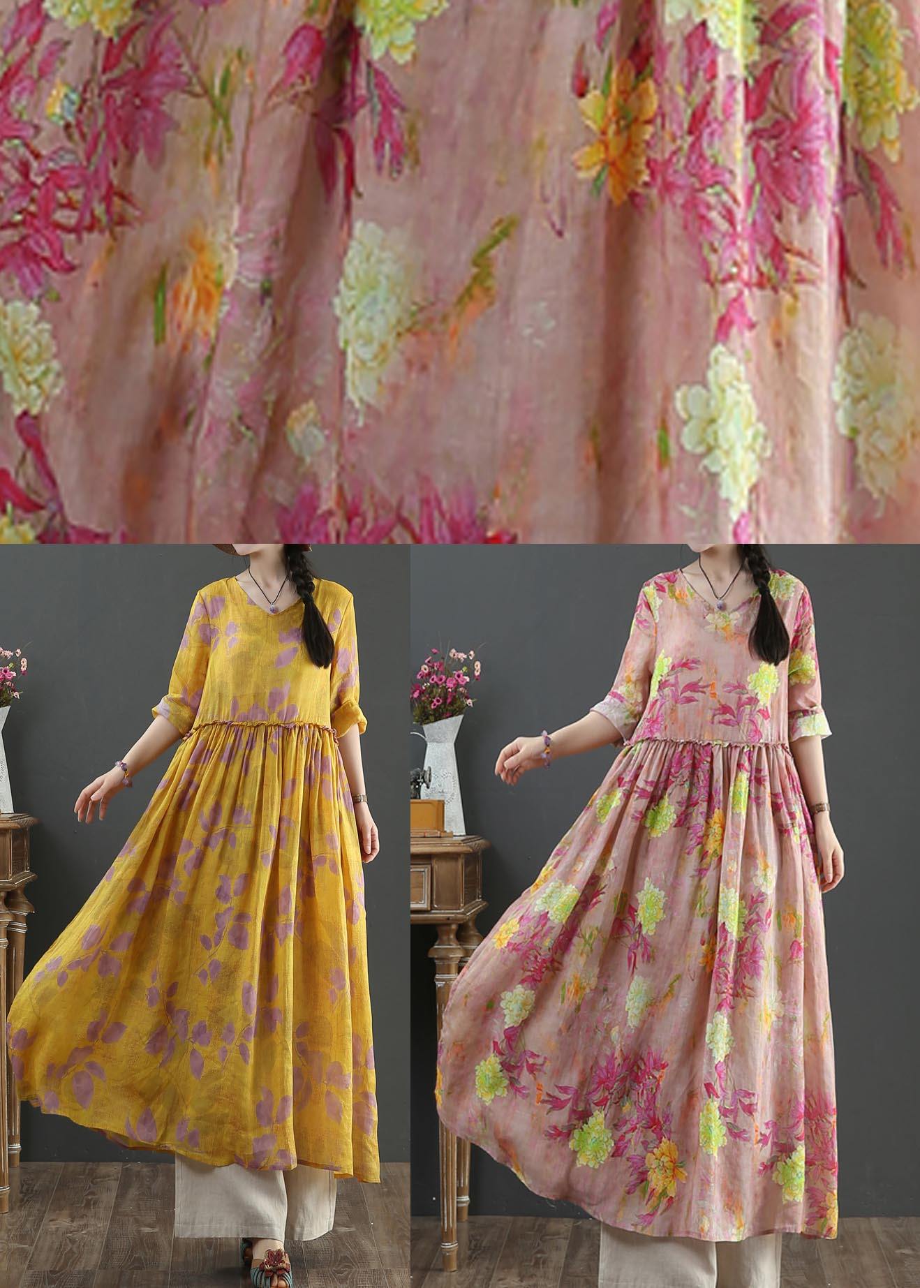 Natural Yellow Print Linen Cinched Summer Dress