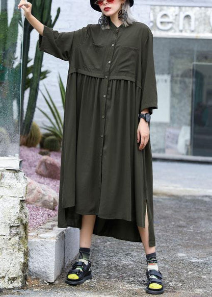 Natural Army Green Chiffon Dresses Side Open Traveling Fall Shirt Dress