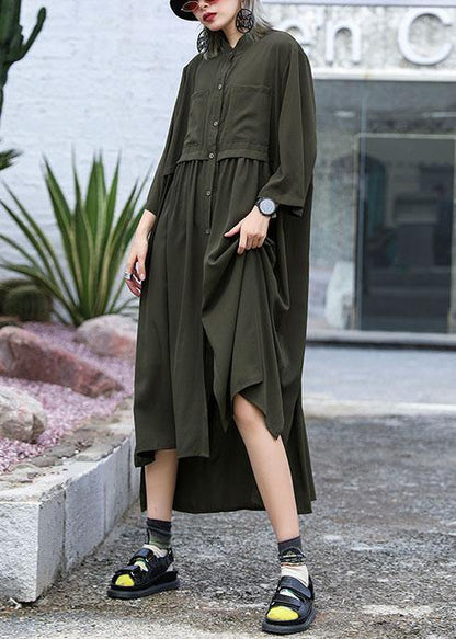 Natural Army Green Chiffon Dresses Side Open Traveling Fall Shirt Dress