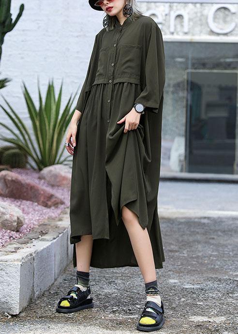 Natural Army Green Chiffon Dresses Side Open Traveling Fall Shirt Dress