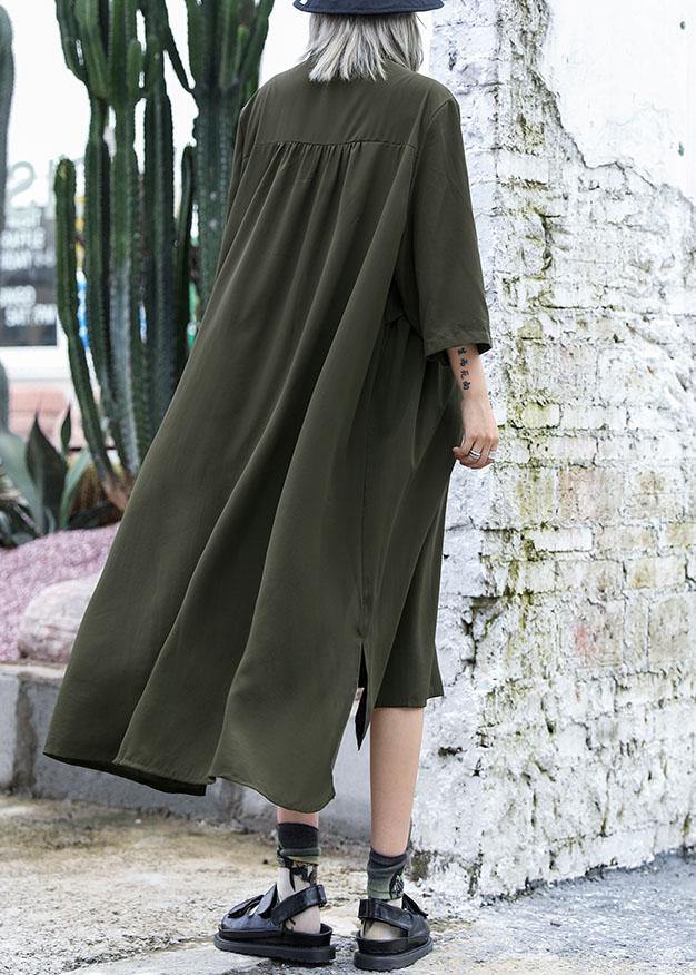 Natural Army Green Chiffon Dresses Side Open Traveling Fall Shirt Dress