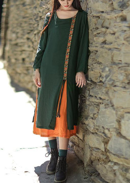Natural Asymmetric False Two Pieces Linen Quilting Clothes Work Blackish Green Embroidery Dress Summer