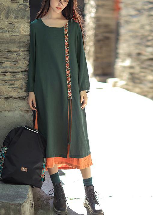 Natural Asymmetric False Two Pieces Linen Quilting Clothes Work Blackish Green Embroidery Dress Summer