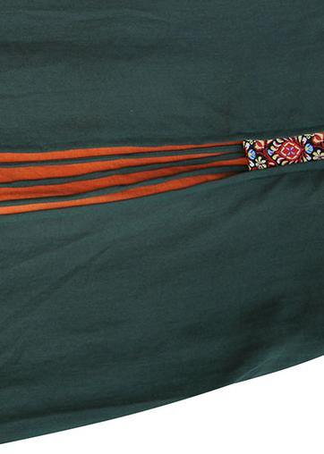 Natural Asymmetric False Two Pieces Linen Quilting Clothes Work Blackish Green Embroidery Dress Summer