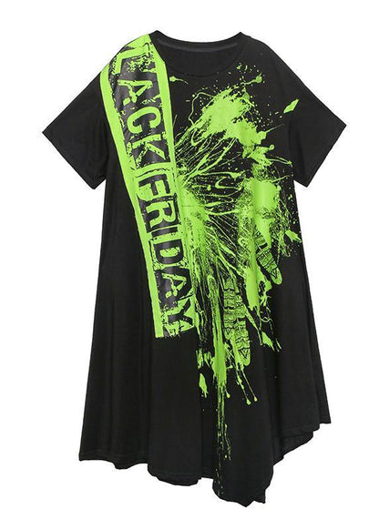 Natural Asymmetric Hem Cotton Printsclothes Inspiration Black Summer Art Dress