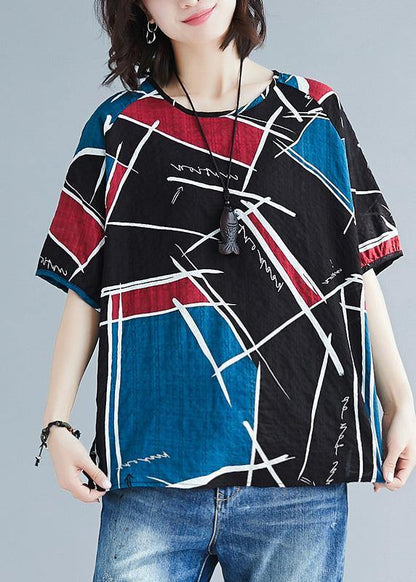 Natural Asymmetric Prints Cotton Tunics for O Neck Oversized Summer Blouse