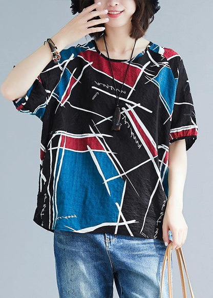 Natural Asymmetric Prints Cotton Tunics for O Neck Oversized Summer Blouse